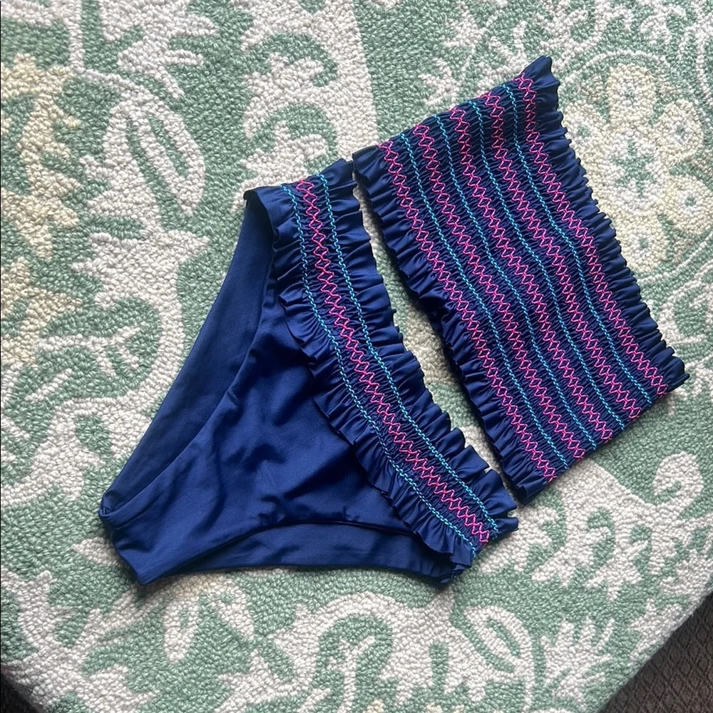 Mosmann Australia Navy Smocked Strapless Bikini Set Size Small‎
